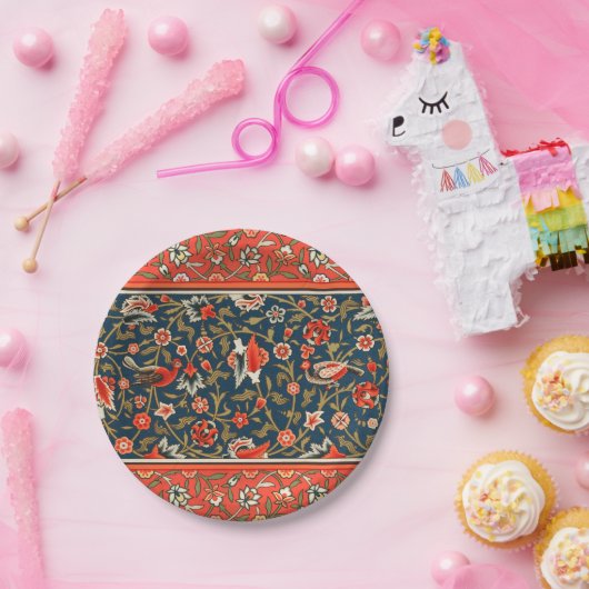 Vogel en bloem Perzisch blauw rood patroon Papieren Bordje (Feest)