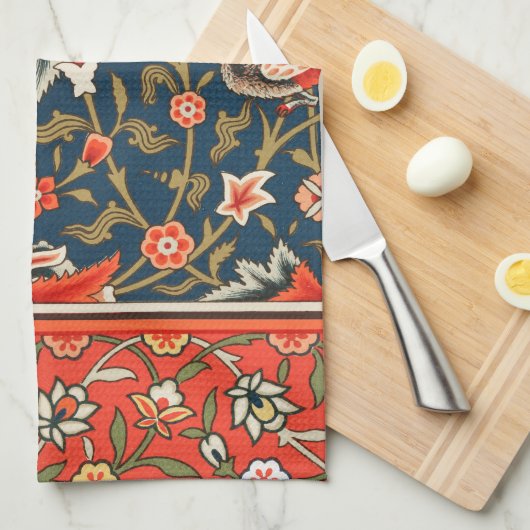 Vogel en bloem Perzisch blauw rood patroon Theedoek (Quarter Fold)