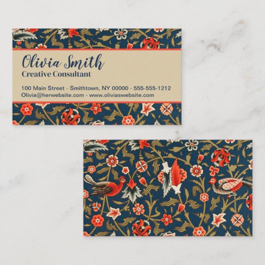 Vogel en bloem Perzisch blauw rood patroon Visitekaartje (Voorkant / Achterkant)