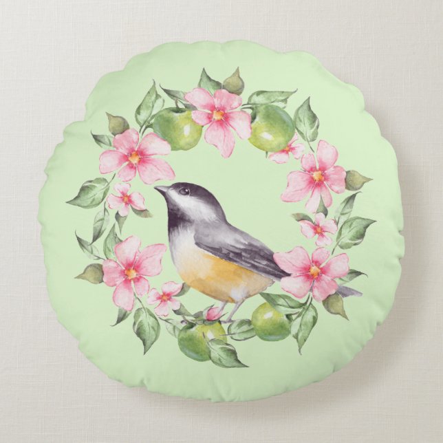 Vogel en bloemen 2 rond kussen (Voorkant)