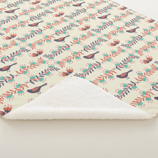 Vogel en Bloemen Beige Folk Art Patroon Sherpa Deken (3/4)