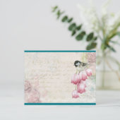 Vogel en bloemen met handschrift Shabby Briefkaart (Staand voorkant)