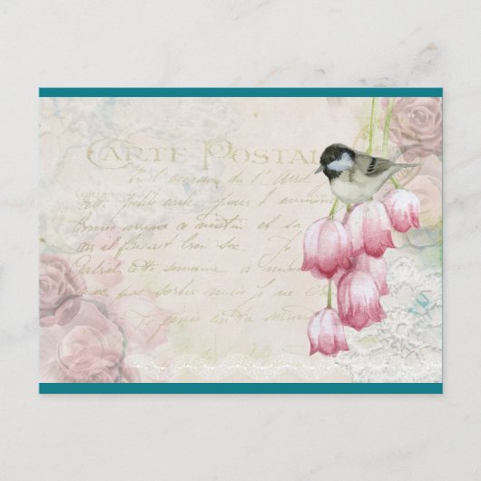 Vogel en bloemen met handschrift Shabby Briefkaart (Voorkant)