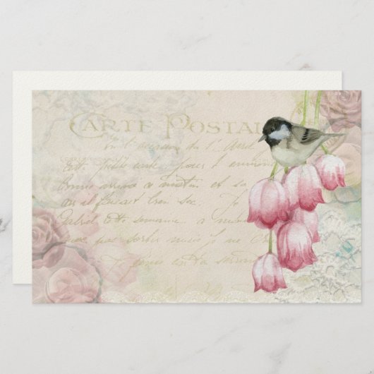 Vogel en bloemen met handschrift Shabby  Briefpapier (Voorkant / Achterkant)
