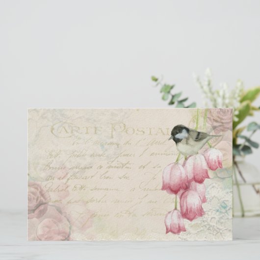 Vogel en bloemen met handschrift Shabby  Briefpapier (Staand voorkant)