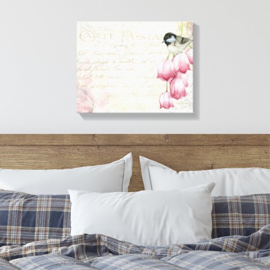 Vogel en bloemen met handschrift Shabby  Canvas Afdruk (Insitu (Slaapkamer))