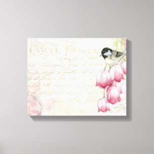 Vogel en bloemen met handschrift Shabby Canvas Afdruk