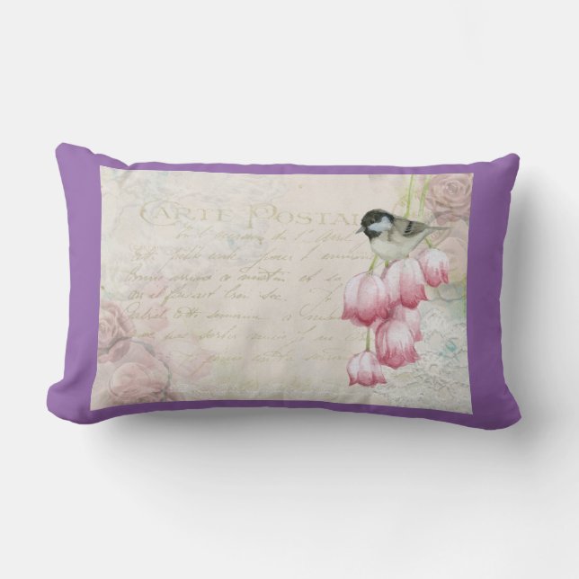 Vogel en bloemen met handschrift Shabby  Kussen (Voorkant)