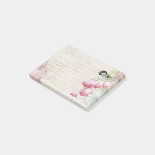 Vogel en bloemen met handschrift Shabby  Post-it® Notes (Schuin)