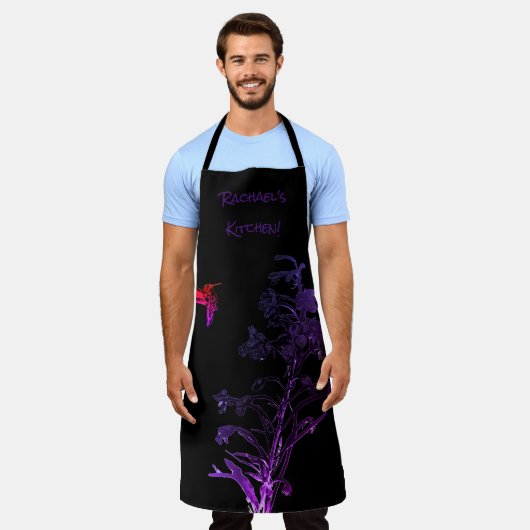 Vogel en bloemen, naam toevoegen schort (Gedragen)