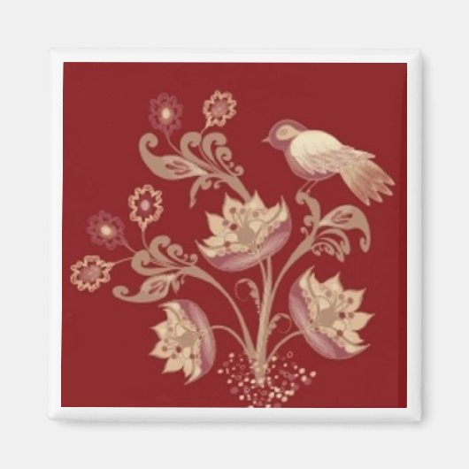 Vogel en bloemen op rode vierkante magneet (Voorkant)