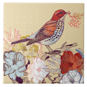 Vogel en bloemen tegeltje