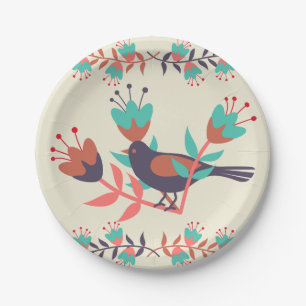 Vogel- en bloemenfolkart papieren bordje