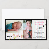 Vogel en bloesems in roze foto geboorte aankondigi aankondiging (Voorkant / Achterkant)