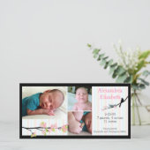 Vogel en bloesems in roze foto geboorte aankondigi aankondiging (Staand voorkant)