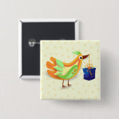 Vogel en cadeau, knop vierkante button 5,1 cm (Voorkant /achterkant)
