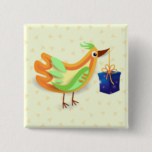 Vogel en cadeau, knop vierkante button 5,1 cm