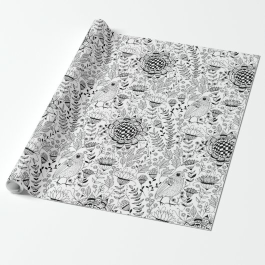 Vogel- en doedelpatronen verpakkingspapier cadeaupapier (Uitgerold)