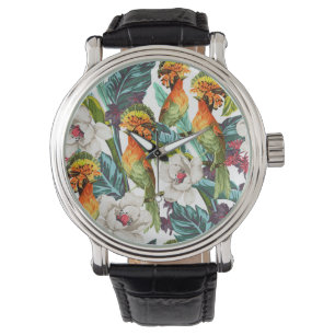 Vogel- en exotische bloempatroon horloge