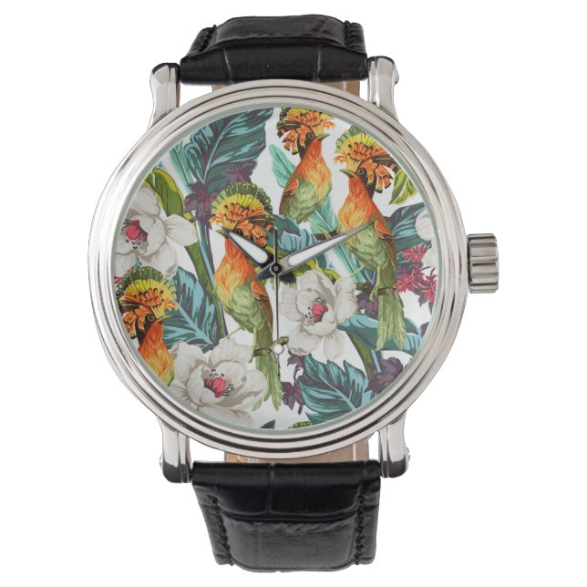 Vogel- en exotische bloempatroon horloge (Voorkant)