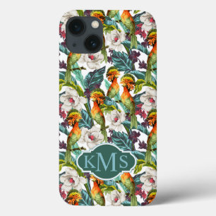 Vogel- en exotische bloempatroon   Monogram iPhone 13 Hoesje