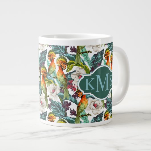 Vogel- en exotische bloempatroon | Monogram Grote Koffiekop (Voorkant rechts)