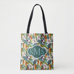 Vogel- en exotische bloempatroon   Monogram Tote Bag