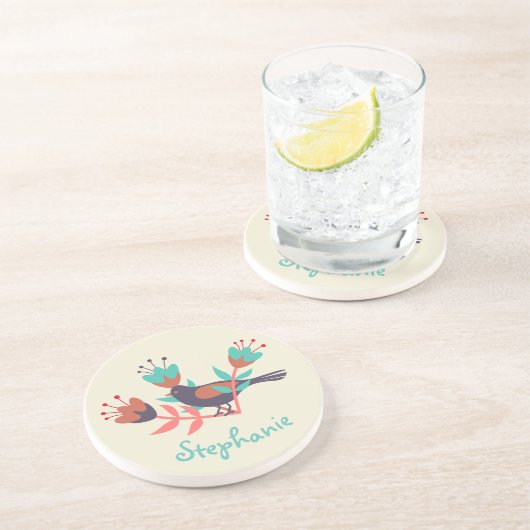 Vogel- en Floral Folk-kunst op maat Zandsteen Onderzetter (Zijkant)