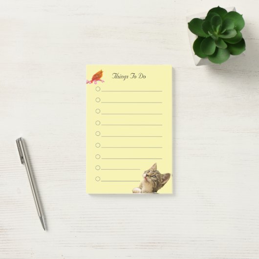 Vogel en kat op gele dingen om te doen post-it® notes (Kantoor)