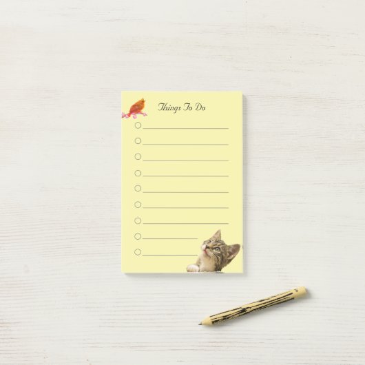 Vogel en kat op gele dingen om te doen post-it® notes (Op bureau)