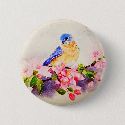 vogel en kersenbloesem waterverf schilderij ronde button 5,7 cm (Voorkant)