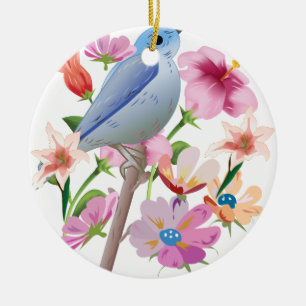Vogel en lente bloemen illustratie keramisch ornament