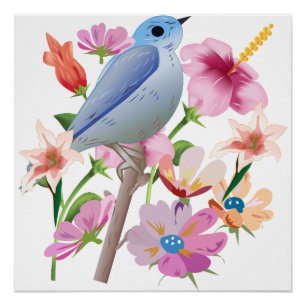 Vogel en lente bloemen illustratie perfect poster