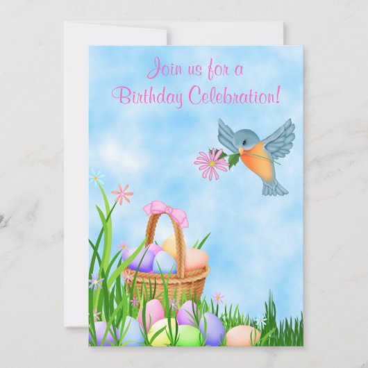 Vogel en Paasmand Verjaardag Uitnodiging ~ Meisjes (Voorkant)