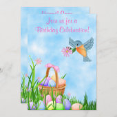 Vogel en Paasmand Verjaardag Uitnodiging ~ Meisjes (Voorkant / Achterkant)