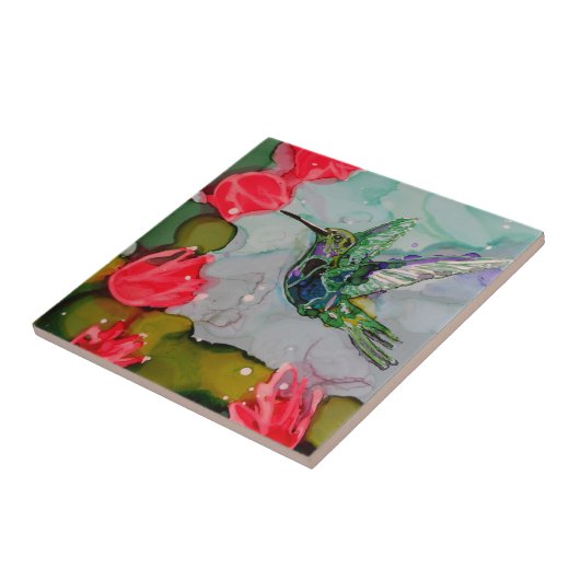 Vogel en rode bloemen tegeltje (Zijkant)