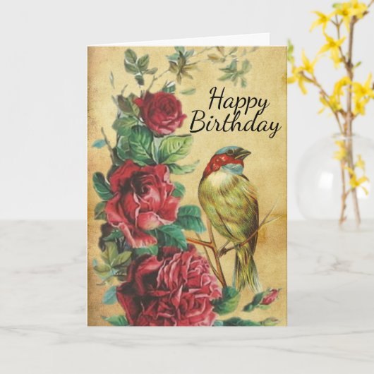  Vogel en Rozen Happy Birthday Kaart (Gele Bloem)
