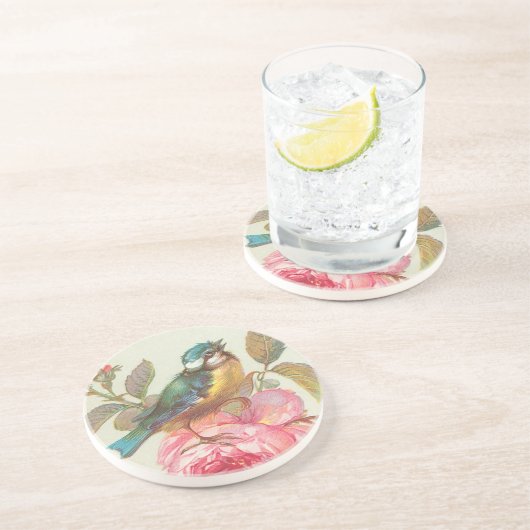  vogel en Rozen Zandsteen Onderzetter (Zijkant)