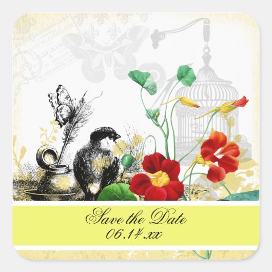 Vogel en Sinaasappel Nasturtiums Save the Date Sti Vierkante Sticker (Voorkant)