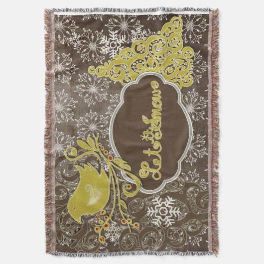Vogel en sneeuwvlokken op Brown Holiday Throw Deken (Voorkant Verticaal)