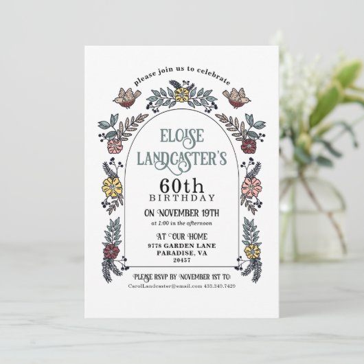 Vogel en Tuin Bloemboog Milestone Verjaardag Kaart (Staand voorkant)