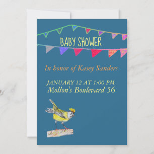 Vogel en Vlaggen Blauwe Baby Shower Uitnodiging
