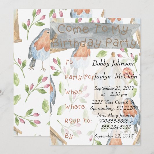 Vogel en vogelhuisje verjaardagsfeest uitnodiging (Voorkant / Achterkant)