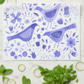 Vogel en wilde bloem Bloemen Waterverf Blauw Wit Theedoek (Gevouwen)