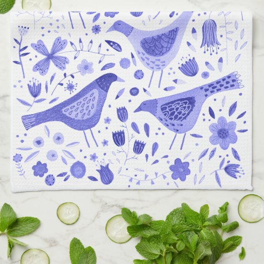 Vogel en wilde bloem Bloemen Waterverf Blauw Wit Theedoek (Gevouwen)