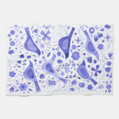 Vogel en wilde bloem Bloemen Waterverf Blauw Wit Theedoek (Horizontaal)