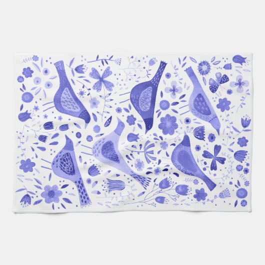 Vogel en wilde bloem Bloemen Waterverf Blauw Wit Theedoek (Horizontaal)