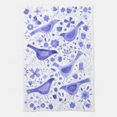 Vogel en wilde bloem Bloemen Waterverf Blauw Wit Theedoek (Verticaal)