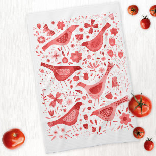 Vogel en wilde bloem Bloemen Waterverf Rood Wit Theedoek