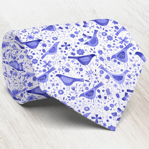 Vogel en wilde bloemen Bloemen Waterverf Blauw Wit Stropdas